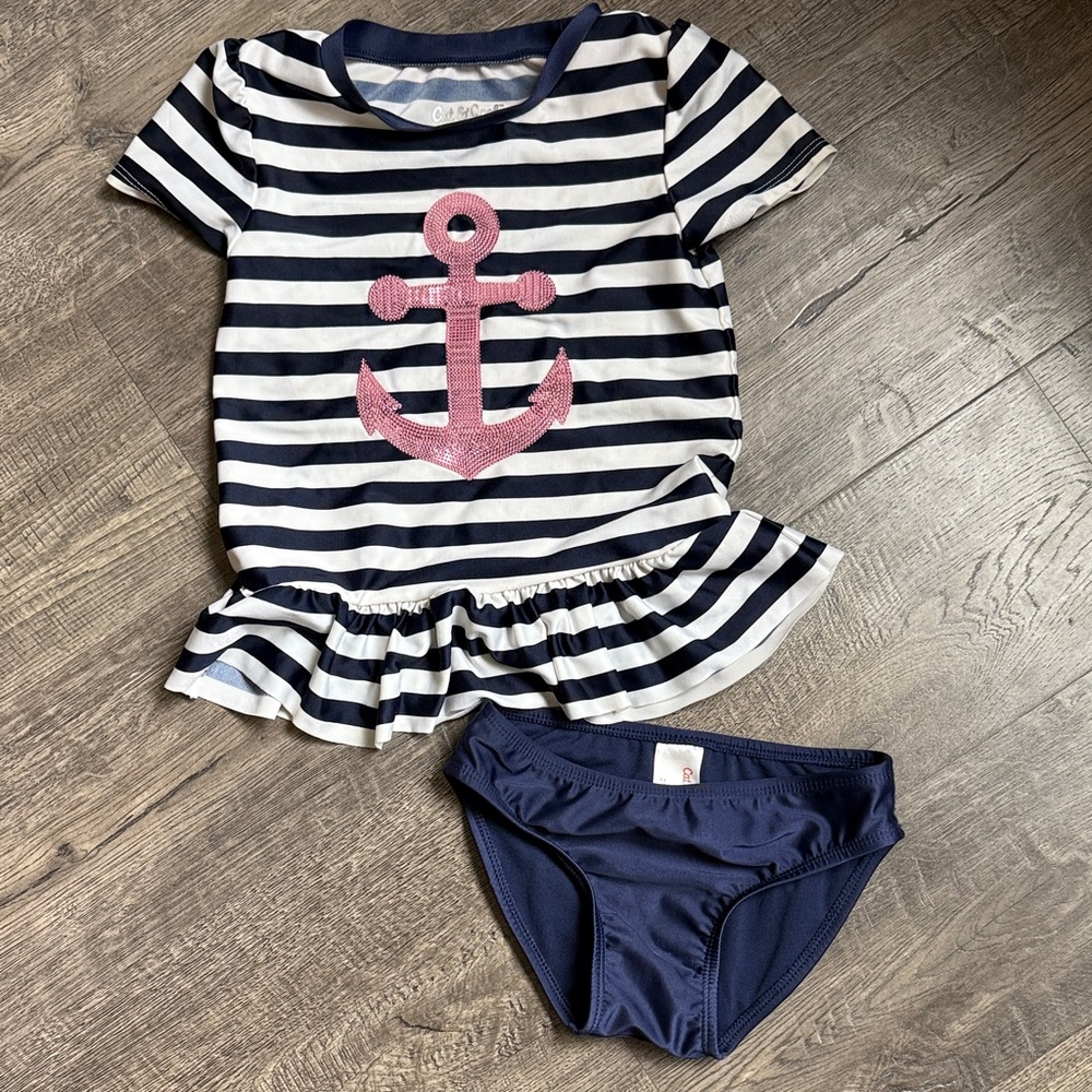 Gymboree Navy and White Stripe Rash Guard Set with Pink Anchor